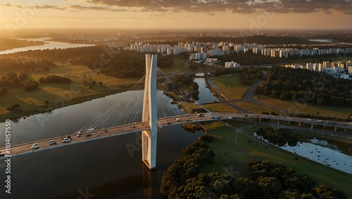 Aerial view of Brasilia’s Juscelino Kubitsheck Bridge at sunrise. photo