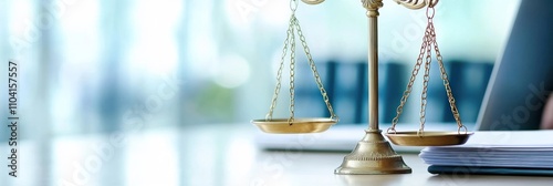 Scales of justice on table next to legal documents.
