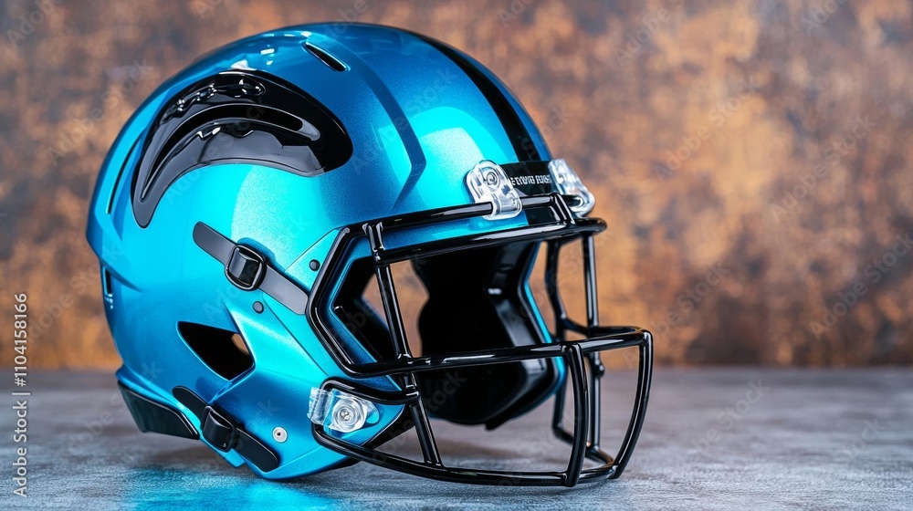 Fototapeta premium a photostock of a sleek football helmet on a minimalist metal table, futuristic sports 2025