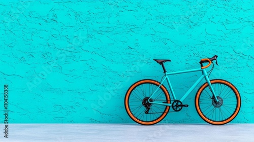 a photostock of a modern bicycle with a matte finish leaning on a smooth wall, sustainable travel 2025 photo