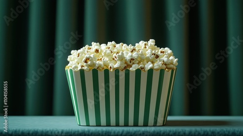 Popcorn in green-striped box against green curtain.