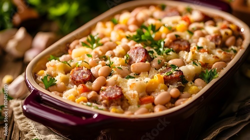 Casserole Dish of White Beans, Sausage, and Vegetables