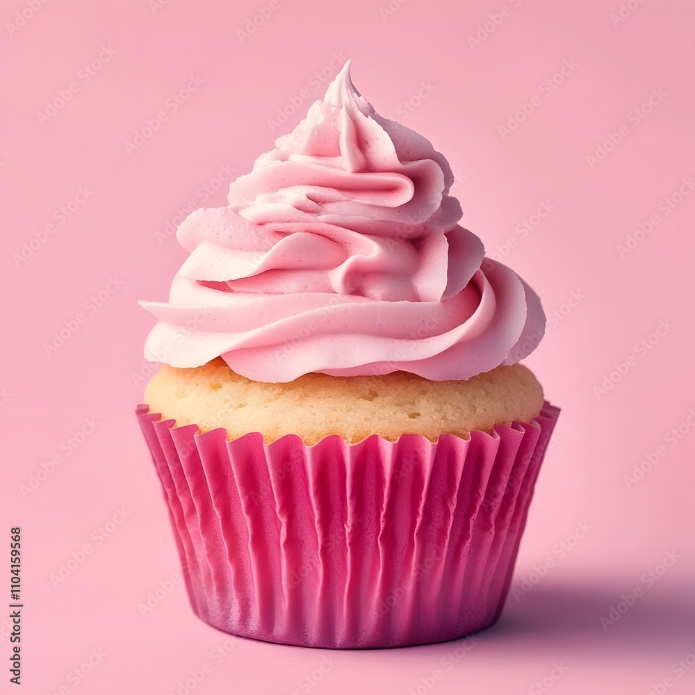 Cupcake with pink cream, isolated in a pink background with copy space Cupcake with pink cream, isolated in a pink background with copy space