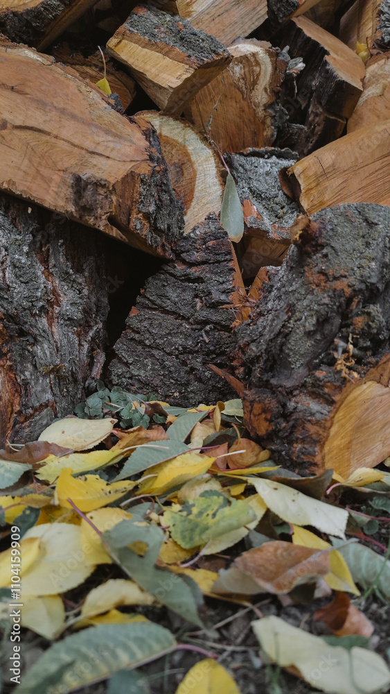 autumn yellow leaves with firewood autumn yellow leaves with firewood