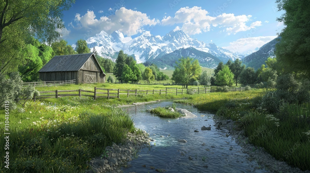 Serene Countryside Landscape with Barn, Rustic Fence, and Mountain Stream under Clear Blue Skies - Ultra-Detailed Photorealistic Illustration Serene Countryside Landscape with Barn, Rustic Fence, and Mountain Stream under Clear Blue Skies - Ultra-Detailed Photorealistic Illustration