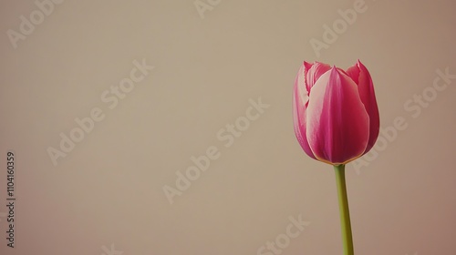 A lone vibrant fuchsia tulip isolated against a muted taupe background, close-up shot, Minimalist style