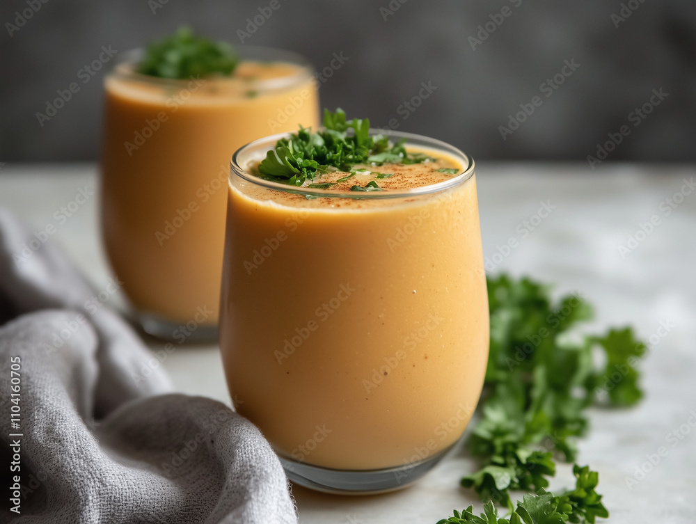 Creamy pumpkin soup in glasses with fresh parsley garnish on a light background Creamy pumpkin soup in glasses with fresh parsley garnish on a light background