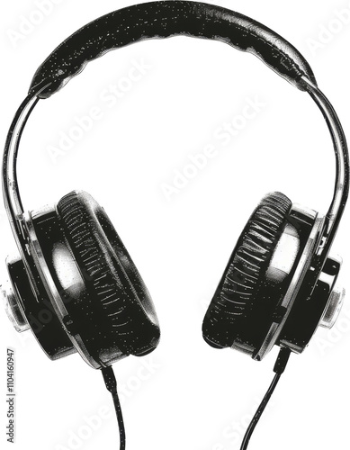 Retro headphones bitmap collage element on transparent background, Headphones y2k punk style collage element, Retro headphones grunge magazine clipping isolated clipping path