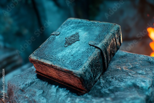 A mysterious old tome resting on an altar in a dark room, its cover engraved with arcane symbols