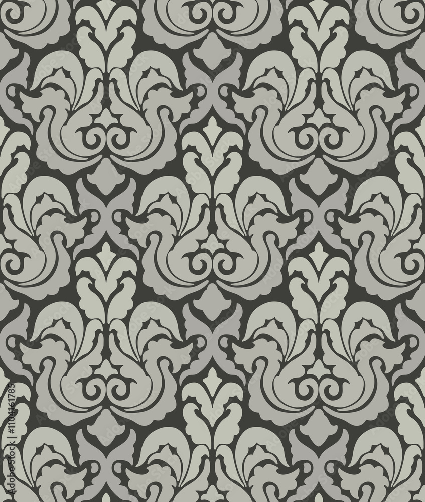 Elegant seamless damask design in black and pale gray featuring intricate floral and ornamental elements. Elegant seamless damask design in black and pale gray featuring intricate floral and ornamental elements.