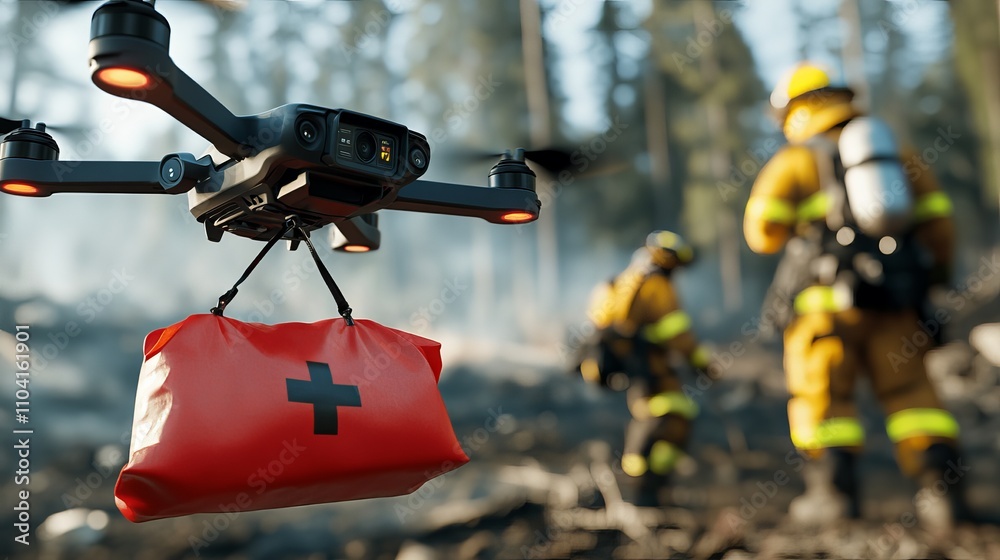 A drone delivering a medical supply bag to firefighter rescuers in a smoky forest setting, showcasing innovation in emergency response efforts. A drone delivering a medical supply bag to firefighter rescuers in a smoky forest setting, showcasing innovation in emergency response efforts.