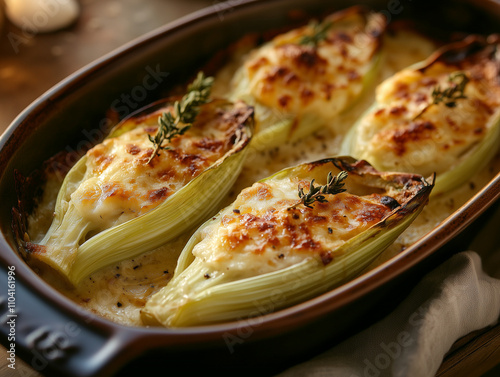 Delicious baked leek boats with cheese and thyme in a rustic dish photo