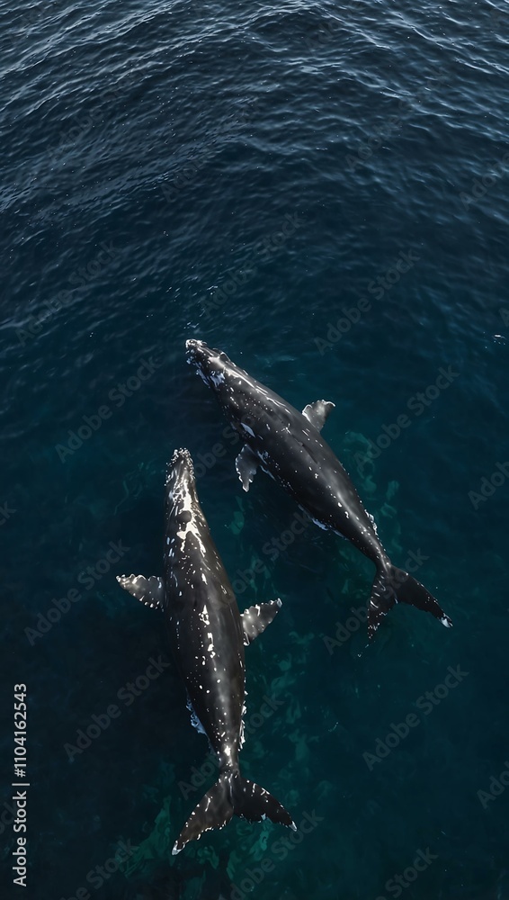 Obraz premium Aerial view of humpback whale and calf sleeping in the ocean.
