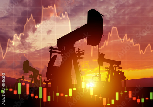 Oil birthplace. Extraction crude petroleum. Oil field at sunset. Quotes and charts fluctuations in cost energy resources. Silhouettes oil pumps under evening sky. Hydrocarbon production. 3d image