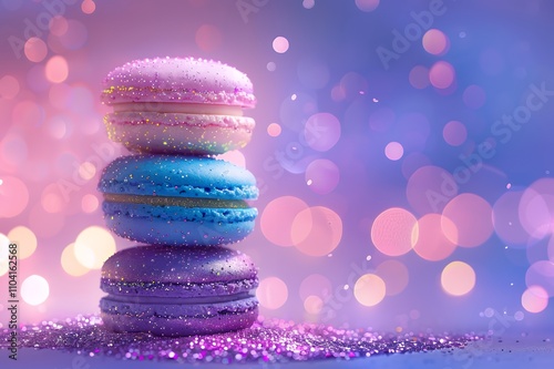 Three colorful macarons stacked on a sparkling surface with a dreamy bokeh background.