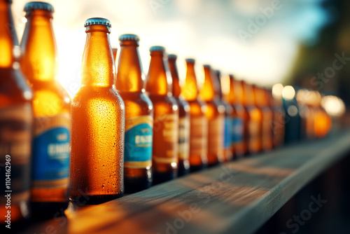 Beer festival. A lineup of unique beer bottles and glasses on a festival table, sunlight streaming through the drinks photo