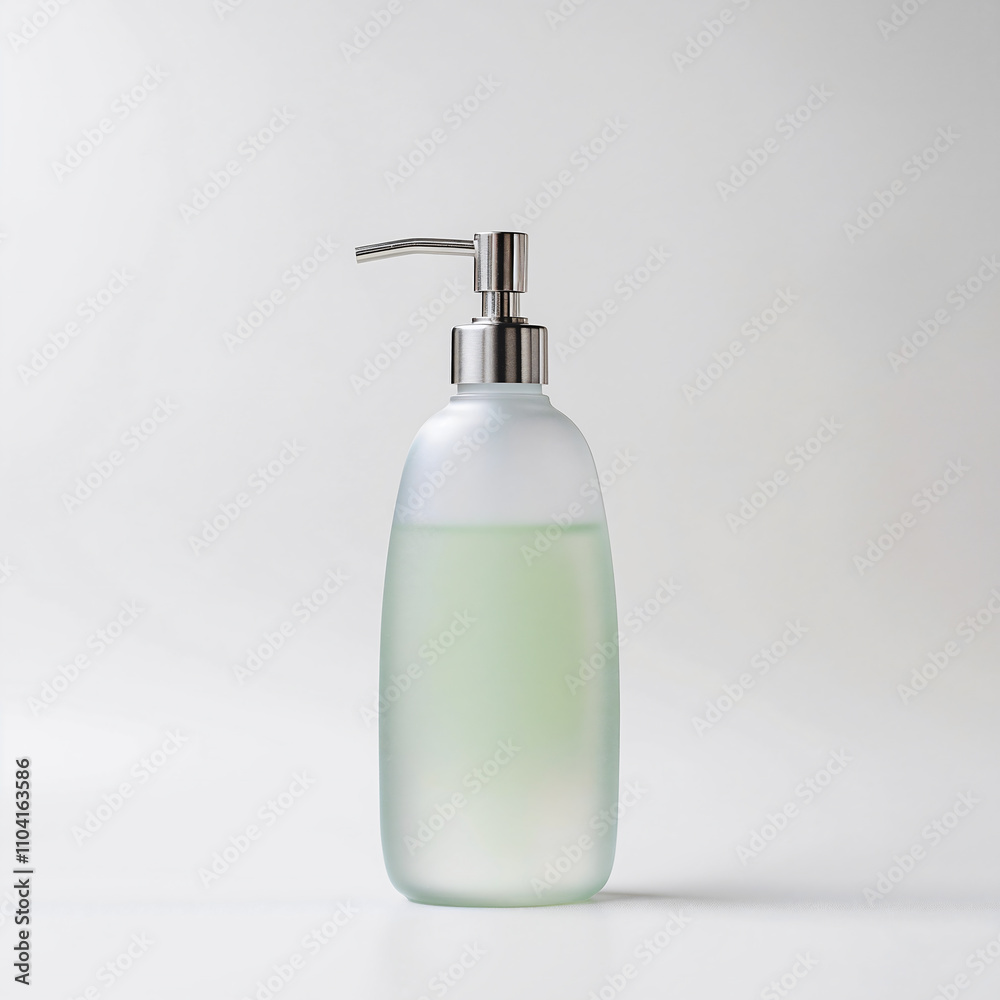 A tall and slim dish soap bottle showcases a minimalist style with a frosted glass body A tall and slim dish soap bottle showcases a minimalist style with a frosted glass body