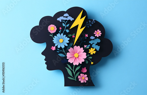 Silhouette of a female head with flowers and thunderstorm on a blue background. Concept template banner of depression, premenstrual syndrome, mental disorders and mental problems with space for text