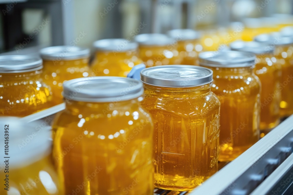Rows of glass jars filled with golden honey moving along a production line Rows of glass jars filled with golden honey moving along a production line