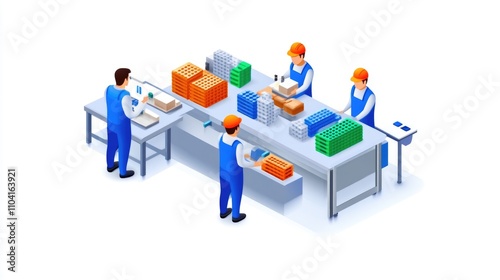 Team of production line employees coordinating product packaging and delivery