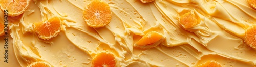 A creamy spread adorned with orange slices, suggesting a dessert or topping.