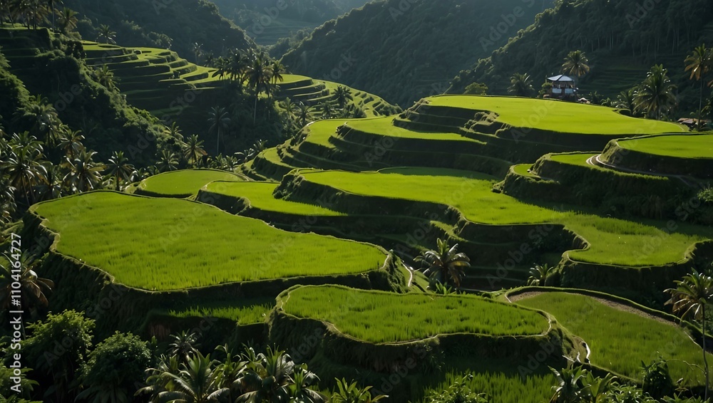Obraz premium Aerial view of lush green rice terraces.