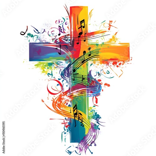 Vibrant watercolor cross design with musical notes, symbolizing faith and worship. Perfect for religious events or inspirational projects.
