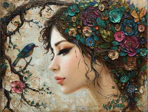 A portrait of a woman adorned with flowers and a bird, emphasizing nature's beauty.