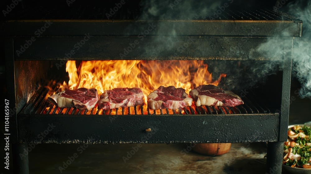 Sizzling beef cuts cooking on a flaming grill outdoor bbq event evening gathering rustic setting culinary delight