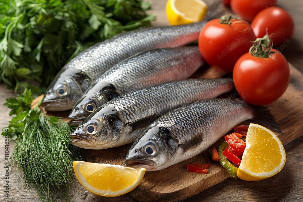 Fresh fish with tomatoes, herbs, and lemon on a wooden board, ready for cooking. Fresh fish with tomatoes, herbs, and lemon on a wooden board, ready for cooking.