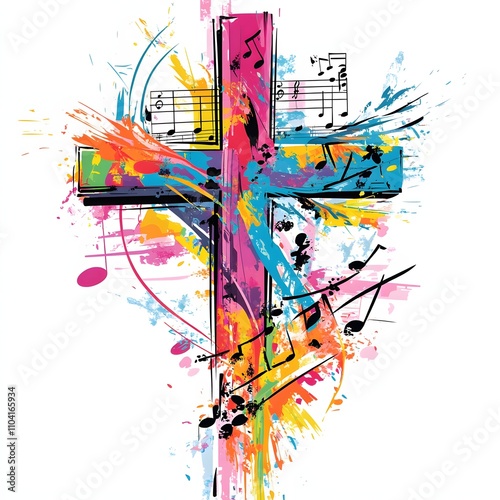 Vibrant abstract cross design incorporating musical notes. A colorful explosion of faith and music.