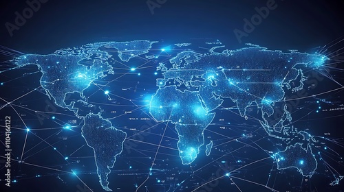 A digital representation of a connected world map with glowing nodes and lines.