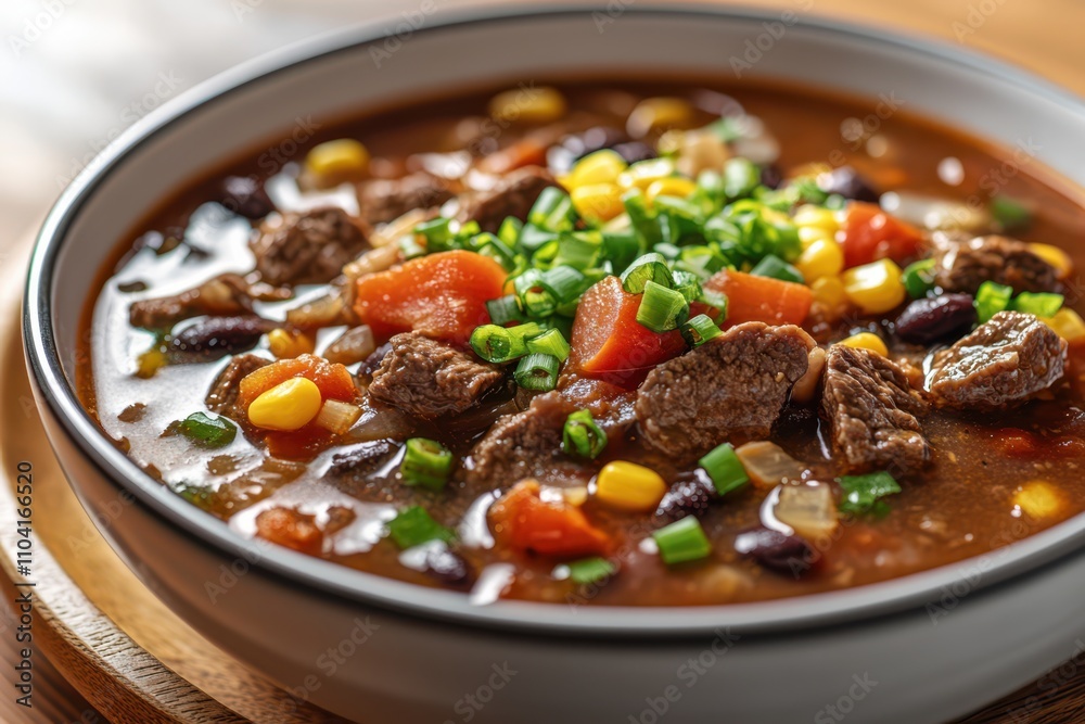 A hearty bowl of beef and vegetable soup featuring chunks of beef, corn, black beans, diced tomatoes, and chopped green onions, served in a gray bowl on a wooden surface. A hearty bowl of beef and vegetable soup featuring chunks of beef, corn, black beans, diced tomatoes, and chopped green onions, served in a gray bowl on a wooden surface.