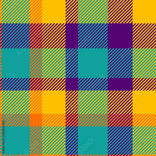 Tweed seamless check vector, mat background plaid fabric. Festive textile pattern texture tartan in teal and golden poppy colors.