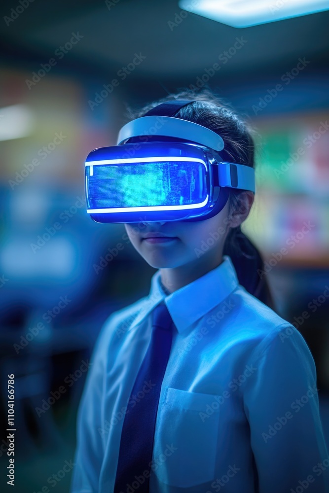 Woman in business attire wearing a tie and a shirt with a blue light on her head Woman in business attire wearing a tie and a shirt with a blue light on her head