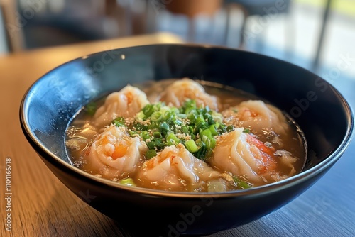 A bowl of steaming dumpling soup with green onions and sesame seeds, served in a black bowl. The dumplings are plump and filled with shrimp, floating in a clear broth with vegetables. photo