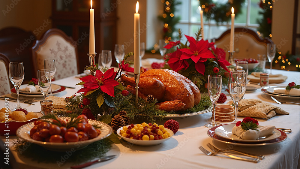 Elegant Festive Feast: A Gorgeous Table with Roasted Turkey, Glowing Candles, and a Vibrant Poinsettia Centerpiece for Celebration
