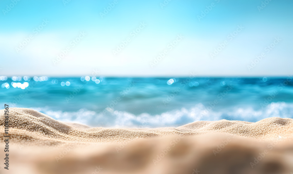 Beautiful summer background with a sandy beach and blue sky. Blurred empty space for product display, banner or design element. Summer vacation concept Beautiful summer background with a sandy beach and blue sky. Blurred empty space for product display, banner or design element. Summer vacation concept