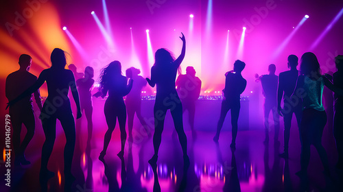 Silhouette image of people in ultraviolet light dance in disco night club to music from DJ on stage . New year night party and nightlife concept .