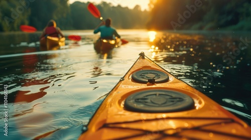 Two individuals paddling kayaks on a serene river