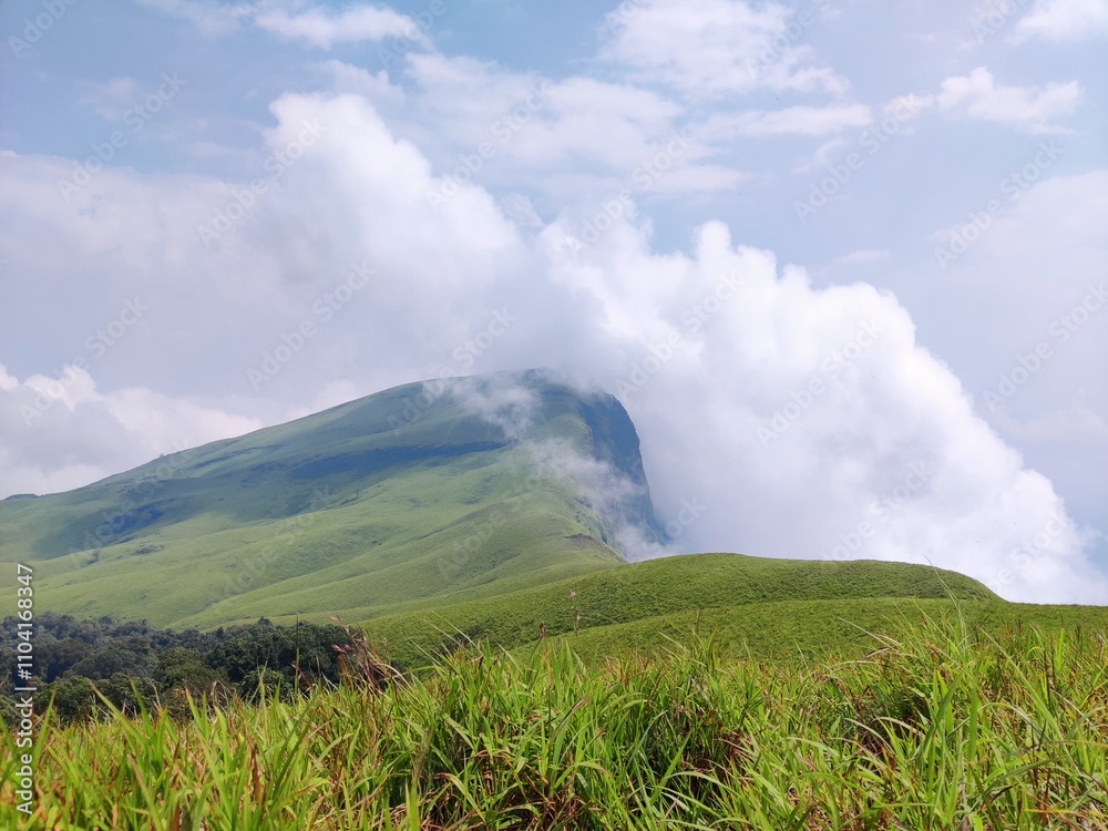 Fototapeta premium Clouds touching the mountain peak surrounded by Grass lands