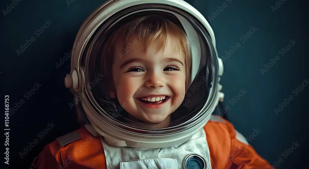 A young child wearing a space suit and smiling A young child wearing a space suit and smiling