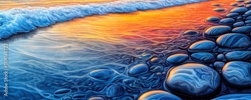 A serene coastal scene with smooth stones and gentle waves at sunset.