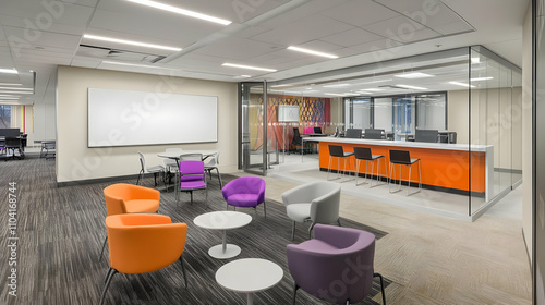 Modern office space featuring colorful seating and a collaborative area.