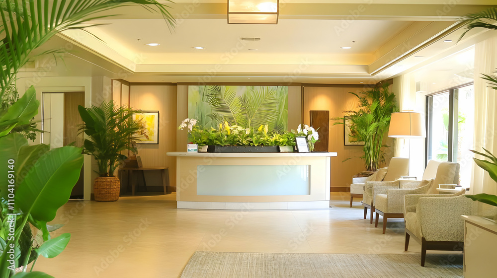 Fototapeta premium A serene hotel lobby with plants, seating, and a reception desk.