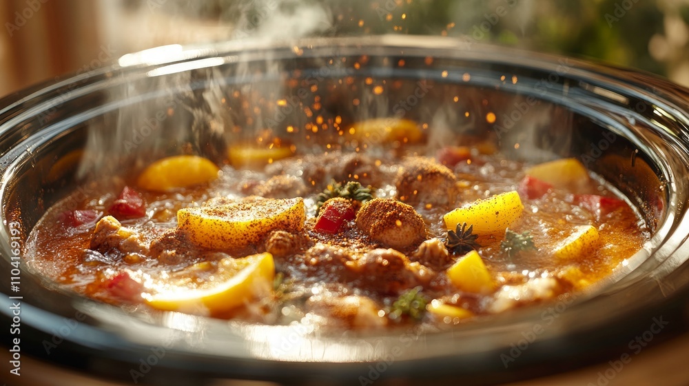 A succulent crockpot dish is bubbling with tender chicken, colorful vegetables, and aromatic spices, creating a flavorful and hearty meal for any occasion A succulent crockpot dish is bubbling with tender chicken, colorful vegetables, and aromatic spices, creating a flavorful and hearty meal for any occasion