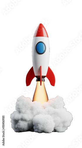 Retro rocket launch with flames and smoke on transparent background