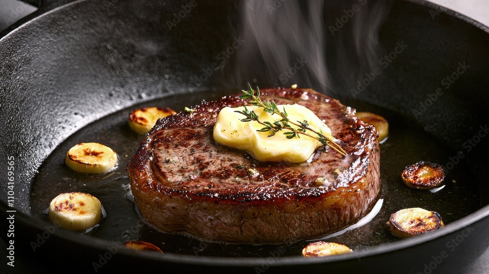 Basting steak with butter garlic and thyme in a skillet home kitchen food culinary art close-up flavorful cooking Basting steak with butter garlic and thyme in a skillet home kitchen food culinary art close-up flavorful cooking