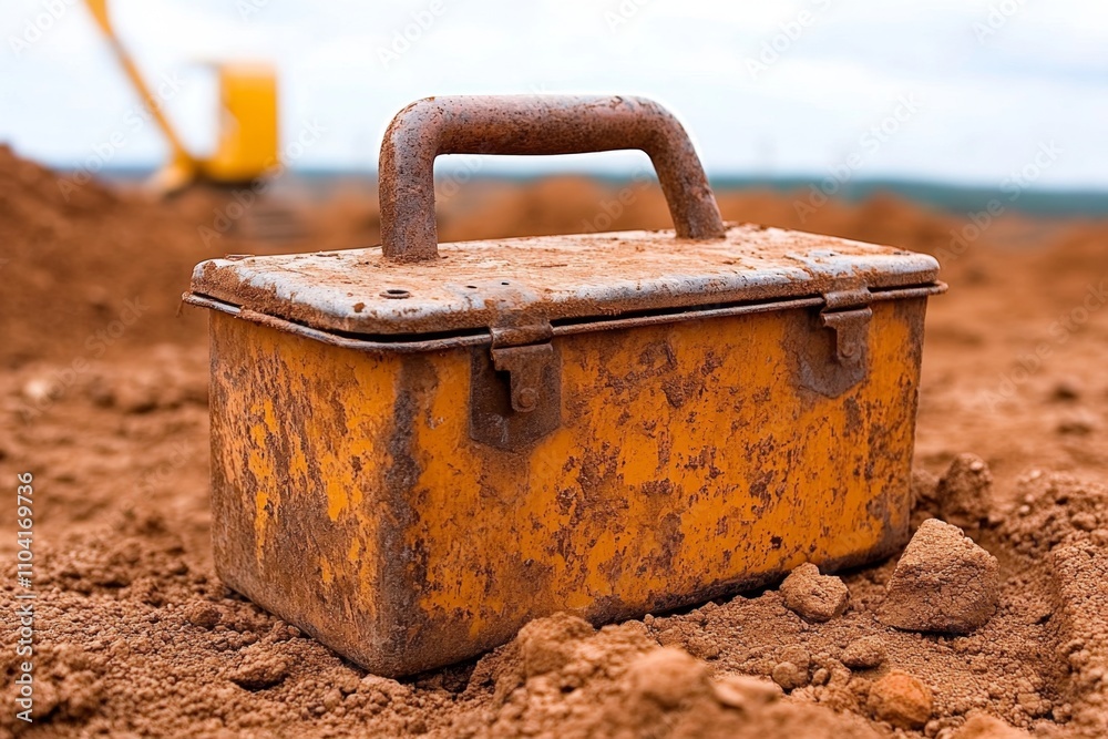 A weathered toolbox sitting on a construction site, surrounded by dirt and machinery A weathered toolbox sitting on a construction site, surrounded by dirt and machinery