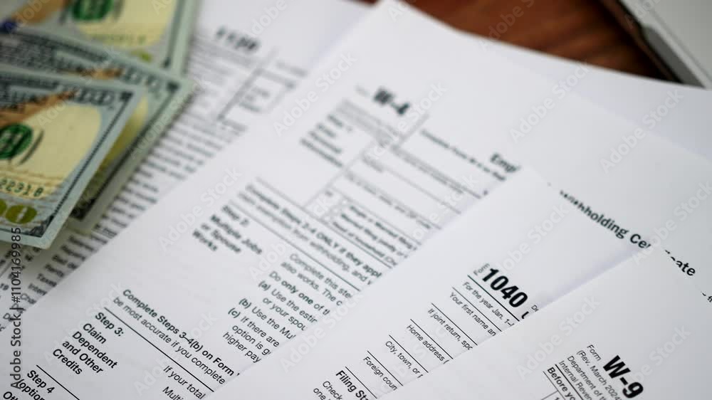 100-dollar banknotes spread out on wooden surface next to variety of tax declarations illustrating process of financial management and calculating income 100-dollar banknotes spread out on wooden surface next to variety of tax declarations illustrating process of financial management and calculating income